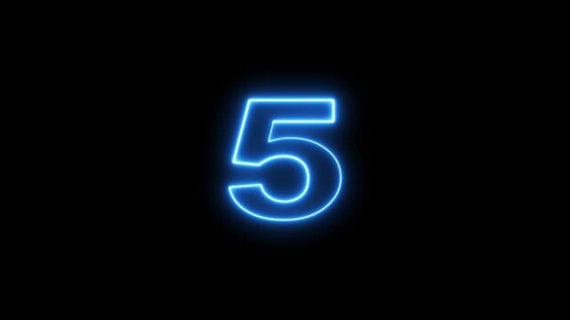 Neon blue number five glowing against solid black backdrop bright digital countdown timer for video projects.