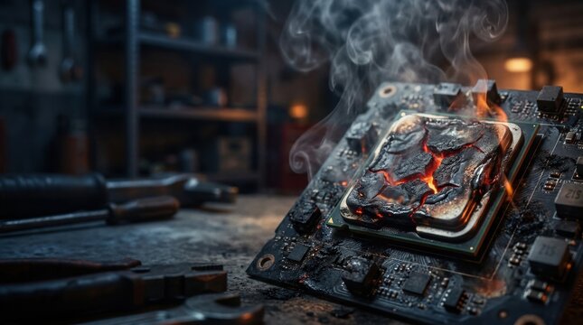 A burnt out computer processor emits smoke and glowing embers in a workshop setting