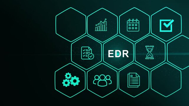 EDR acronym, endpoint detection and response software concept. Business, modern technology, with gears and social media icons.