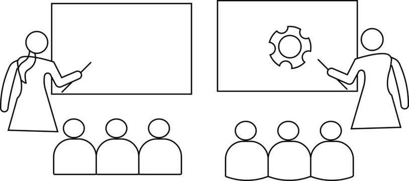 Simple black and white line art vector illustration of female teacher pointing at presentation board to students isolated on white background