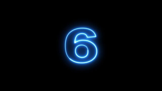 Animated glowing neon blue number six character counting down on black background dynamic motion footage.