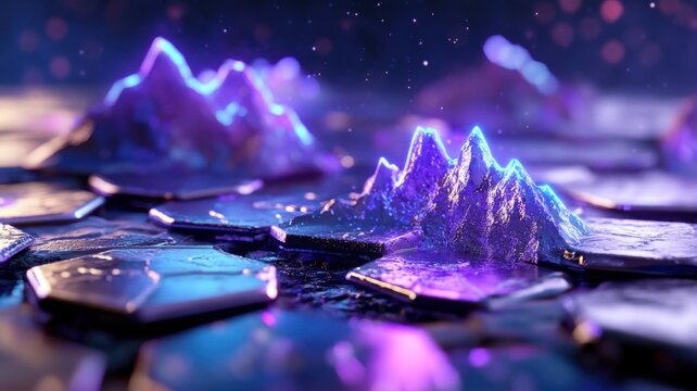 Futuristic 3D hexagonal mountain range with massive geometric formations