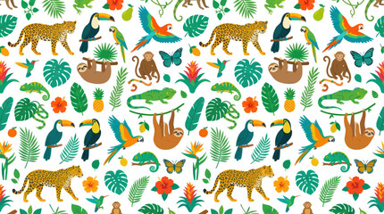 Fototapeta premium Tropical Wildlife Seamless Pattern: Jaguars, Toucans, Sloths, Parrots, Monkeys, Lizards, Flora