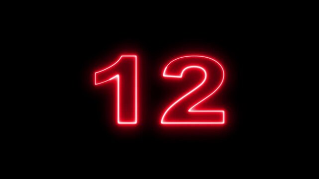 Neon number 12, glowing red light on a dark background, new year concept, motion graphic.