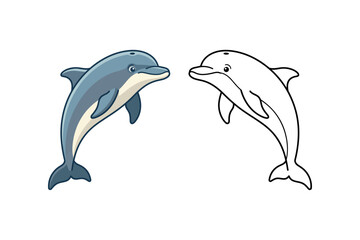 Fototapeta premium Cute Cartoon Dolphin Character Set with Color and Outline Illustration