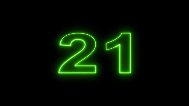 Neon green number twenty-one glowing animation on black background with electric light motion effect clip.