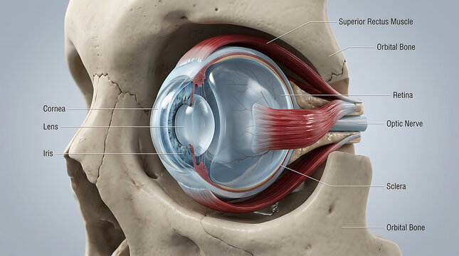 Cross-section diagram of human eye anatomy, medical cornea lens