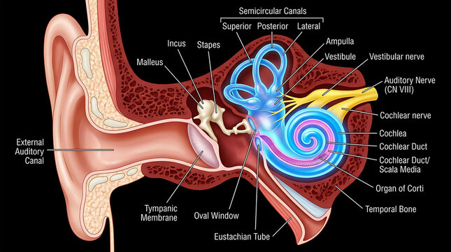 Detailed anatomical cross-section of human ear internal structures
