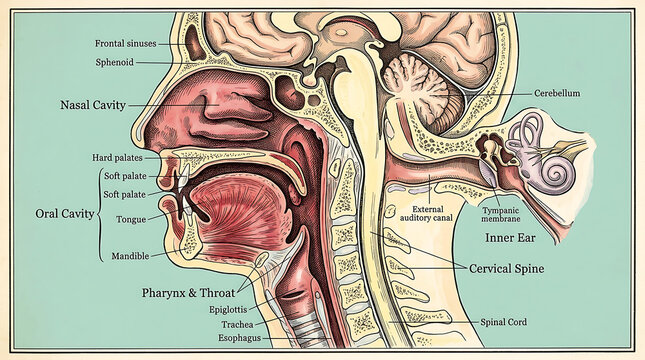 Detailed anatomical cross-section of human head and neck, labeled