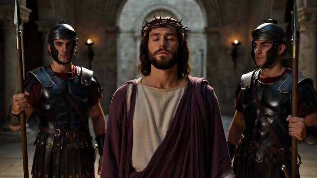 Jesus Christ wearing crown of thorns standing between two roman soldiers with spears in stone palace hall. Biblical scene atmosphere