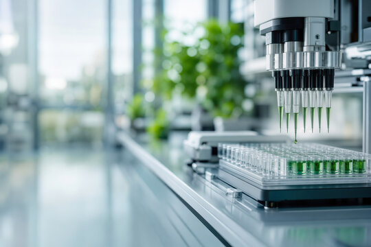Robotic pipette dispensing emerald green reagent into microplate in automated biotechnology lab symbolizing ESG investment scalability and sustainable supply chain innovation
