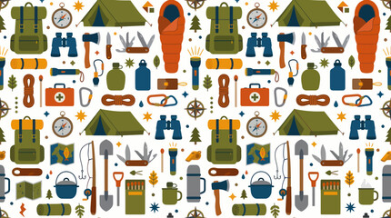 Naklejka premium Seamless Camping and Hiking Adventure Pattern: Flat Style Vector Icons