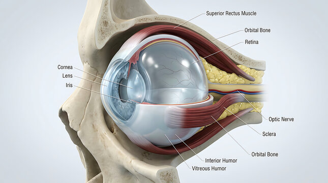 Detailed cross-section diagram of human eye anatomy with labels