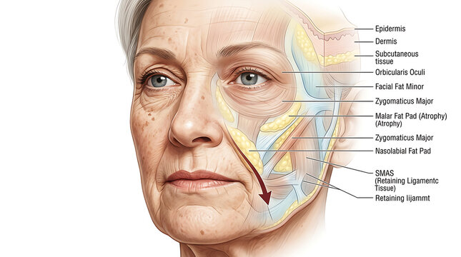 Detailed labeled diagram of older woman's facial anatomy face