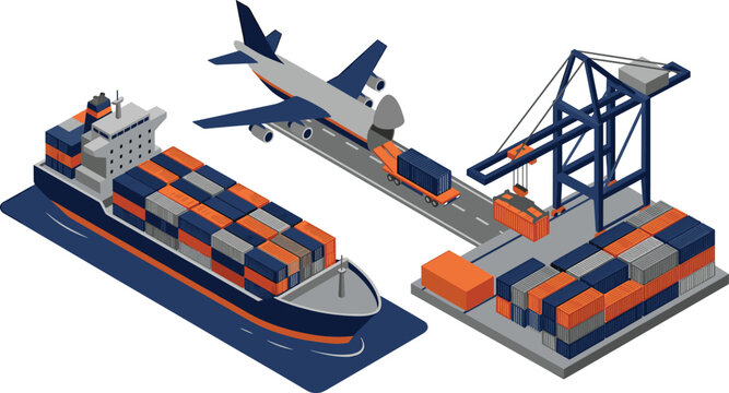 Professional vector illustration of global shipping logistics featuring container vessel cargo aircraft and port terminal