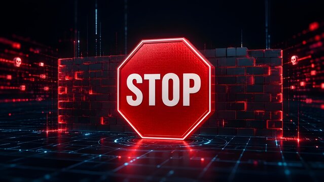 Red stop sign and glowing digital brick wall with hacker skull icons, illustrating cybersecurity firewall protection against malware and cyber attacks.