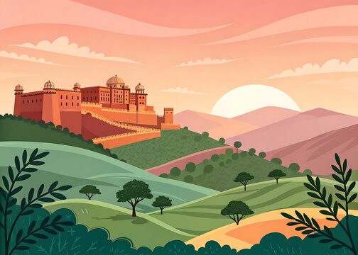 Amer Fort overlooking hills, premium modern vector illustration, vibrant limited colors, flat landscape composition, warm sunset tones.