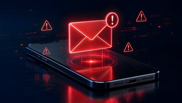 Glowing 3D red email envelope and warning signs hovering over a modern smartphone, representing mobile phishing scams and SMS security threats.