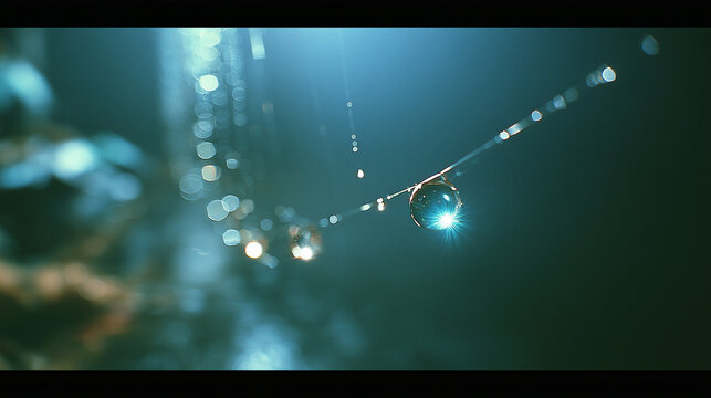 Single dewdrop with starburst light on a spiderweb strand, cinematic blue tones