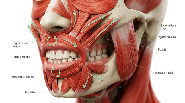 Human lower face anatomy, muscles, jaw, and teeth, labeled diagram