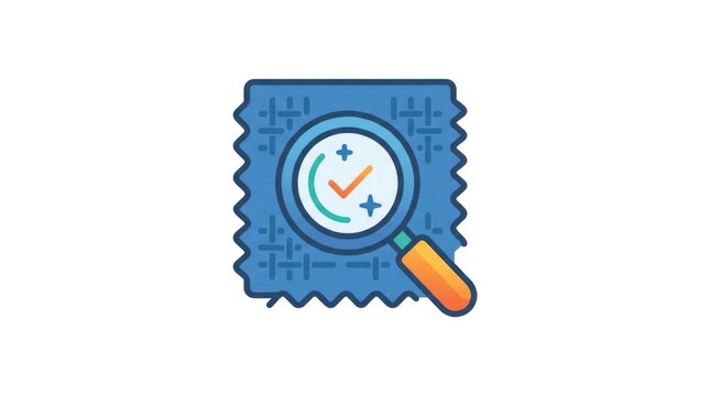 Detailed inspection of fabric quality control with magnifying glass and checkmark icon