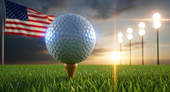Golf ball on tee at sunrise with American flag. Patriotic sports equipment ready for professional tournament play on lush green course.