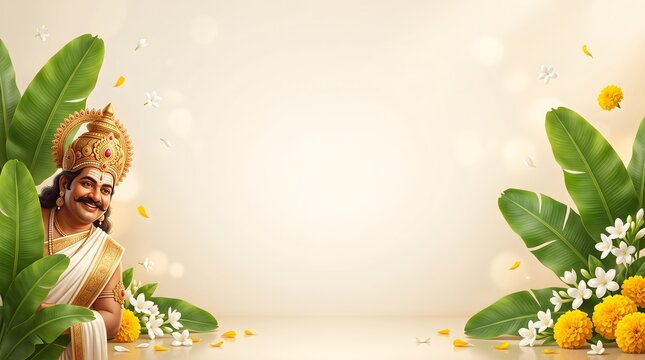 King mahabali onam festival celebration background with tropical banana leaves with Kerala
