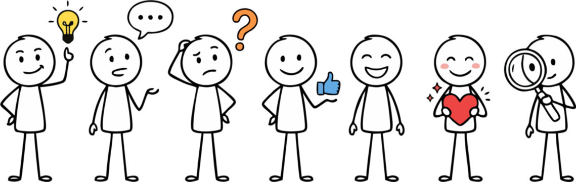 Set of Cute Stick Figure Characters Expressing Different Emotions and Ideas with Lightbulb, Speech Bubble, Question Mark, Thumbs Up, Heart, and Magnifying Glass