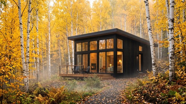 Contemporary dark cottage nestled in vibrant yellow autumn woods with soft ground fog for eco-tourism and vacation rental marketing