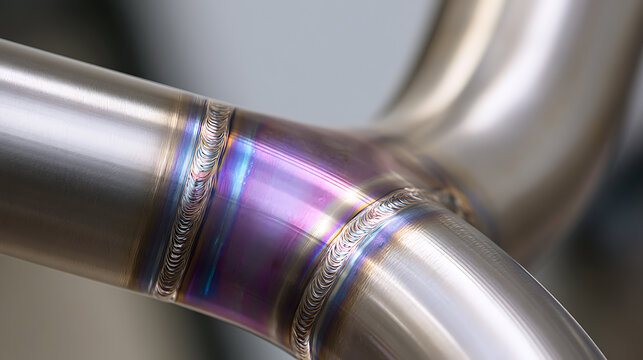 Precision Metal Weld Joint on Shiny Exhaust Pipe with Iridescent Discoloration from Heat Treatment, Close-up Macro View of Manufacturing Quality