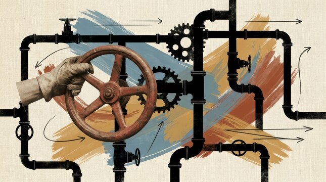 A gloved hand turns a large wheel in a complex industrial pipe system with gears