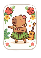 Fototapeta premium Cute capybara dancing hula with grass skirt and flower lei on the beach during summer, funny animal vector illustration