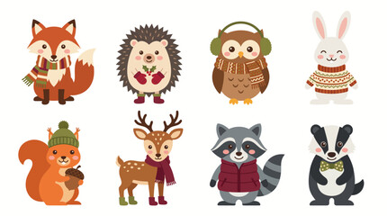 Naklejka premium Set of cute woodland animals wearing cozy winter clothes and accessories on a white background