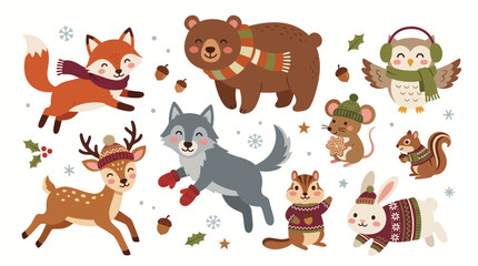 Fototapeta premium Cute Winter Animals Set with Forest Creatures Wearing Scarves and Sweaters