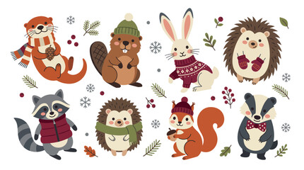 Naklejka premium Cute winter woodland animals set with otter beaver rabbit hedgehog raccoon squirrel and badger character collection