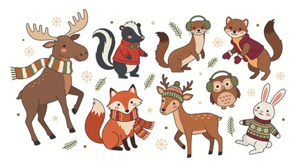Obraz premium Cute Winter Animals Set with Moose Fox Skunk Owl and Rabbit Wearing Warm Holiday Clothing
