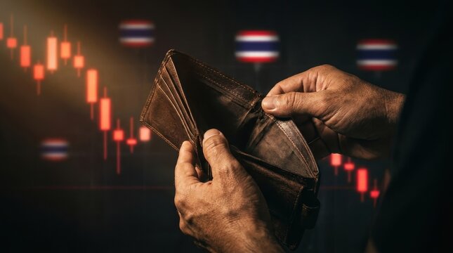 Close up of hands holding an empty wallet with a red stock market graph and Thai flags in the background