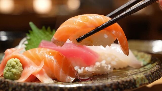 Hand using chopsticks to pick up a piece of fresh salmon nigiri sushi from a ceramic plate set.