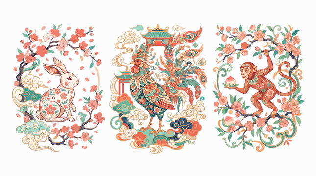 Chinese zodiac animal triptych illustration. Rooster, monkey and rabbit art set.