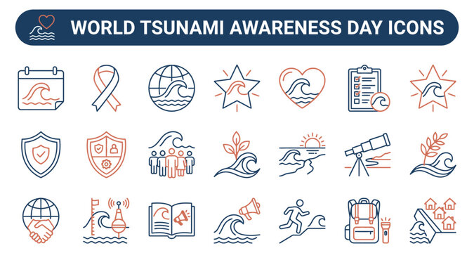 World tsunami awareness day icons set with blue and orange colors featuring disaster, preparedness, safety with alert