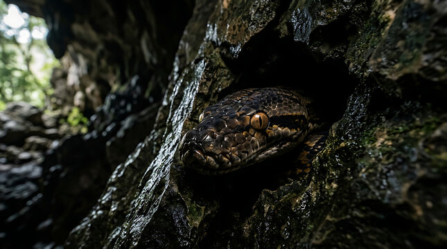 A python's patterned head emerges from a dark, rocky crevice, its watchful eyes surveying its surroundings.