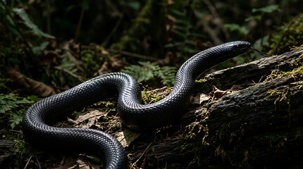 Obraz premium Black Snake Slithering Across a Mossy Log in a Sun-Dappled Forest