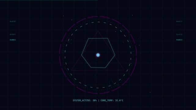 Futuristic HUD interface with rotating geometric shapes and loading system status data
