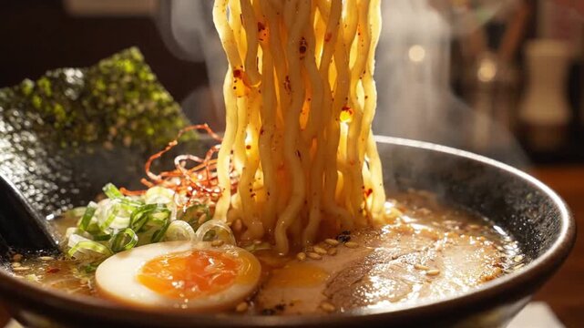 Steaming hot bowl of Japanese ramen noodles being lifted with chopsticks in a dark restaurant.