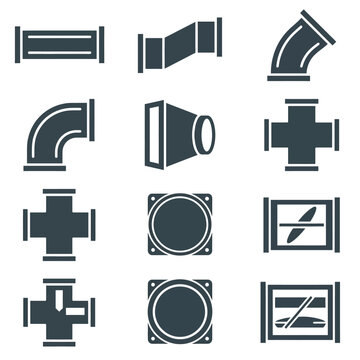Collection of Professional HVAC Ductwork Component Icons Representing Industrial Air Ventilation Systems and Airflow Management