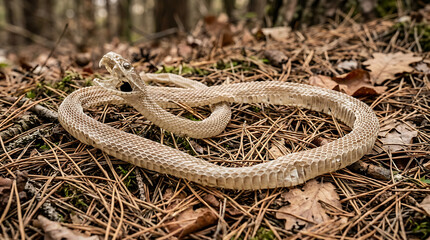 Obraz premium Shed snake skin lies amongst pine needles on a forest floor showcasing a natural transformation