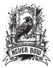 Naklejka premium Gothic Raven on Stone Archway with Candles and Skulls, Never Bow T-shirt Design, Dark Illustration
