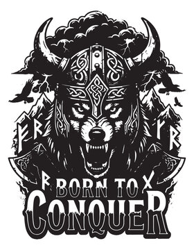 Wolf Warrior with Horned Viking Helmet and Runes, Born to Conquer Norse T-shirt Design Illustration
