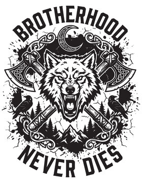 Viking Wolf with Battle Axes and Crescent Moon, Brotherhood Never Dies Norse T-shirt Design Illustration