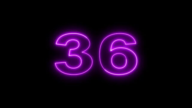 Neon number thirty six glowing purple animation on black background with bright luminous outline effect.